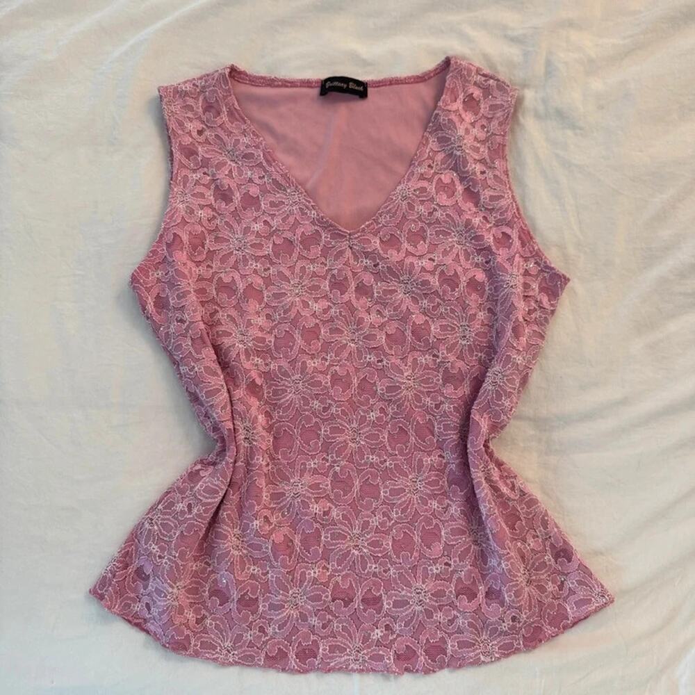 Y2K‎ Pink Lace Tank with Silver Glittered Polkadots - Picture 6 of 8